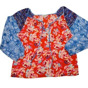 The Pioneer Woman Top S Mixed Floral Long Sleeve Boho Fairy Peasant Tie Shirt